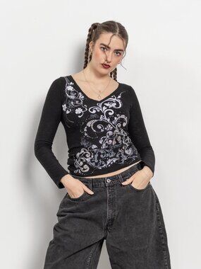 Butterflies Y2K GLITTER 2000's VINTAGE Long Sleeve Baby Tee / Medium Large